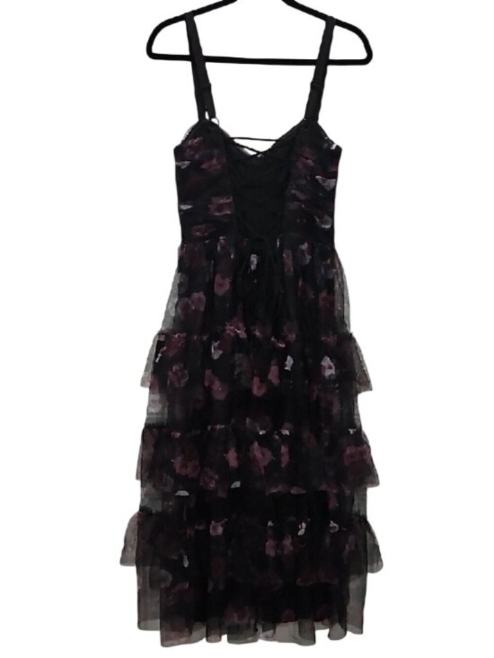 Lulus Sentimental Charisma Black Floral Mesh Tiered Midi Dress New Medium - Picture 7 of 12